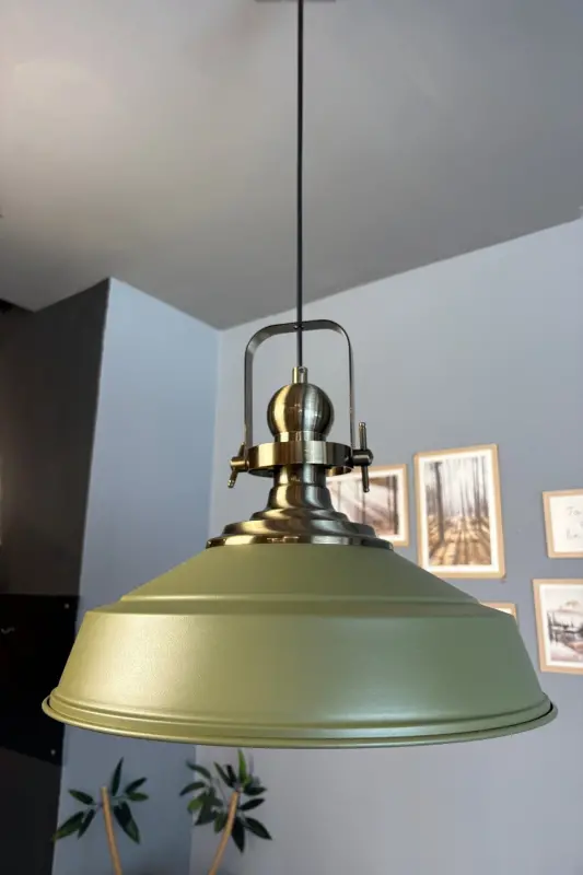 Asaletli Saz Yeşili Tekli Avize Eskitme Başlık Retro Sarkıt Lamba Restoran Cafe Salon Avizeleri - Saz Yeşili - 4