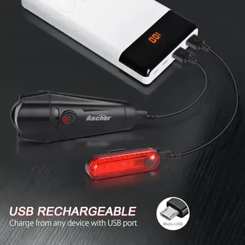 Ascher Ultra Bright USB qayta zaryadlanuvchi velosiped chiroqlari to'plami, kuchli velosiped old farasi va orqa chiroq, 4 ta yorug'lik rejimi, erkaklar ayollar bolalar yo'l tog' velosipedlari uchun o'rnatish oson qora - ASCHER