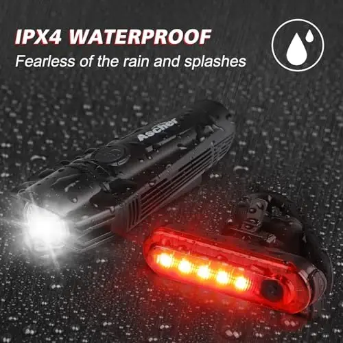 Ascher Ultra Bright USB Rechargeable Bike Light Set, Powerful Bicycle Front Headlight and Back Taillight, 4 Light Modes, Easy to Install for Men Women Kids Road Mountain Cycling Black - 6