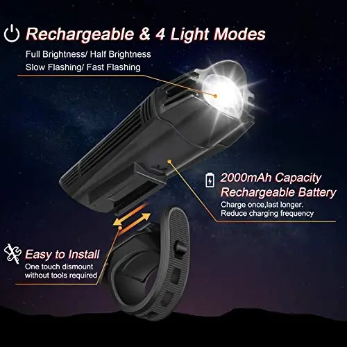 Ascher Ultra Bright USB Rechargeable Bike Light Set, Powerful Bicycle Front Headlight and Back Taillight, 4 Light Modes, Easy to Install for Men Women Kids Road Mountain Cycling Black - 3
