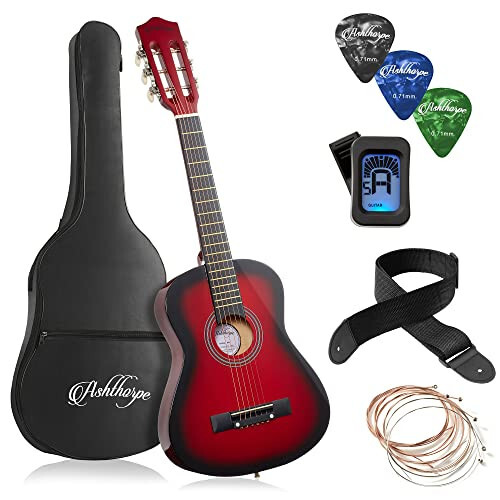 Ashthorpe 30-inch Beginner Acoustic Guitar Package (Red), Basic Starter Kit w/Gig Bag, Strings, Strap, Tuner, Picks - 1