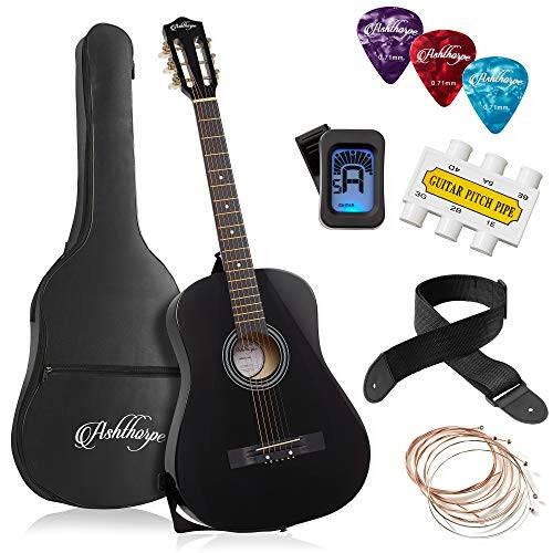 Ashthorpe 38-inch Beginner Acoustic Guitar Package (Black), Basic Starter Kit w/Gig Bag, Strings, Strap, Tuner, Pitch Pipe, Picks - 1