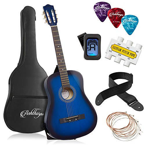 Ashthorpe 38-inch Beginner Acoustic Guitar Package (Blue), Basic Starter Kit w/Gig Bag, Strings, Strap, Tuner, Pitch Pipe, Picks - 1