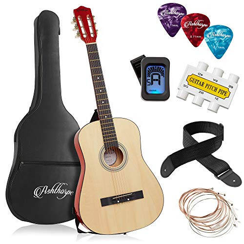 Ashthorpe 38-inch Beginner Acoustic Guitar Package (Natural), Basic Starter Kit w/Gig Bag, Strings, Strap, Tuner, Pitch Pipe, Picks - 1