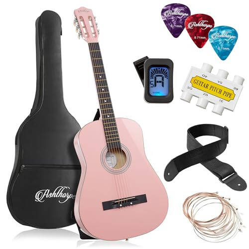 Ashthorpe 38-inch Beginner Acoustic Guitar Package (Pink), Basic Starter Kit w/Gig Bag, Strings, Strap, Tuner, Picks - 1