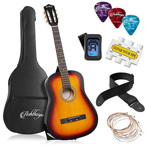 Ashthorpe 38-inch Beginner Acoustic Guitar Package (Sunburst), Basic Starter Kit w/Gig Bag, Strings, Strap, Tuner, Pitch Pipe, Picks - 1