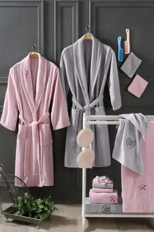 Asia 16 Pcs Boxed Dowry Family Bathrobe Set | Bathrobe Set | Dowry Set-Gray Powder - GÜVENAL