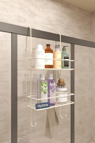 Asılabilir Lüks Banyo Rafı Kancalı Şampuanlık Paslanmaz Duşakabin Rafı Delmeden Asılır Duş Rafı BEJ-BEJ - MONIEV (1)