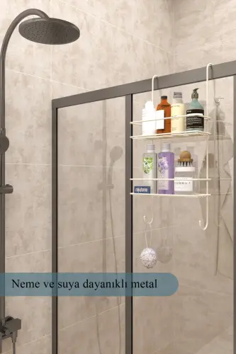 Asılabilir Lüks Banyo Rafı Kancalı Şampuanlık Paslanmaz Duşakabin Rafı Delmeden Asılır Duş Rafı BEJ-BEJ - 3
