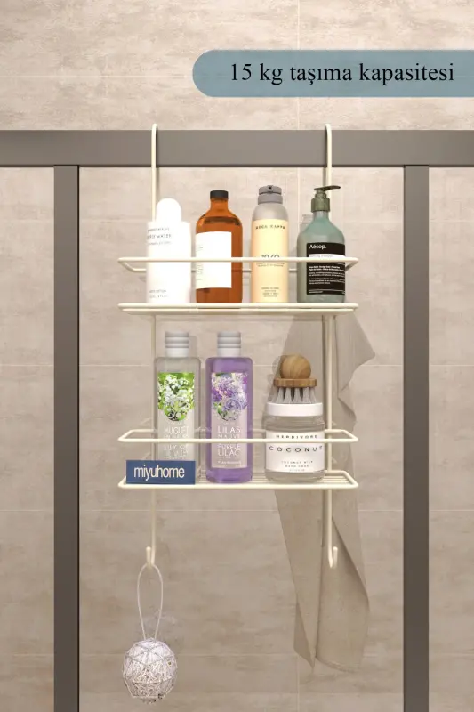 Asılabilir Lüks Banyo Rafı Kancalı Şampuanlık Paslanmaz Duşakabin Rafı Delmeden Asılır Duş Rafı BEJ-BEJ - 4
