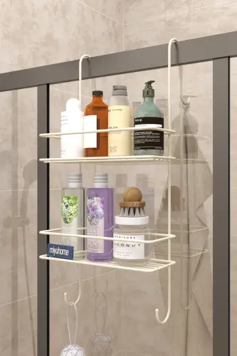 Asılabilir Lüks Banyo Rafı Kancalı Şampuanlık Paslanmaz Duşakabin Rafı Delmeden Asılır Duş Rafı BEJ-BEJ 