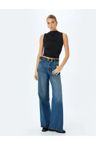 Asimetrik Hafif Dik Yaka Drapeli Slim Fit Kolsuz Bluz - Siyah - 1