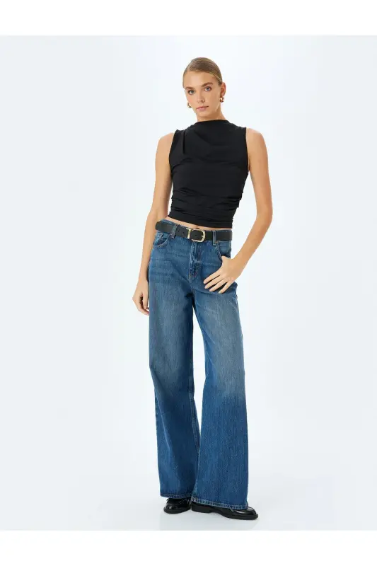Asimetrik Hafif Dik Yaka Drapeli Slim Fit Kolsuz Bluz - Siyah - 1