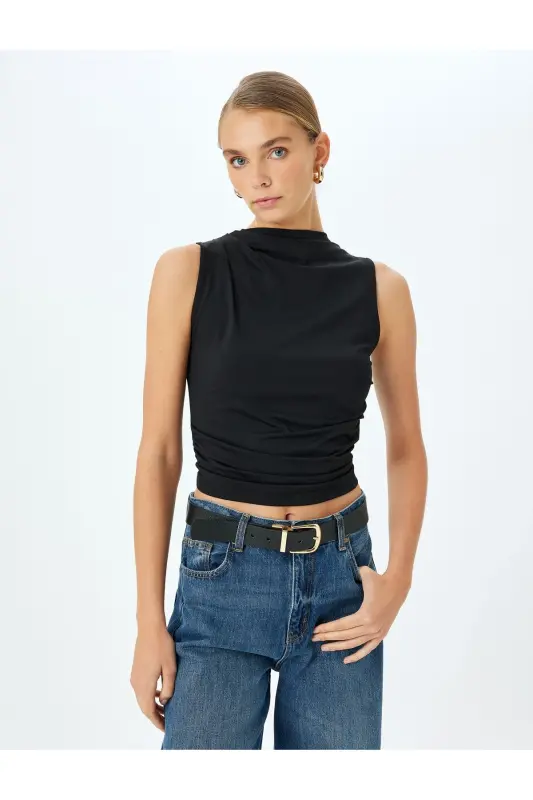 Asimetrik Hafif Dik Yaka Drapeli Slim Fit Kolsuz Bluz - Siyah - 3