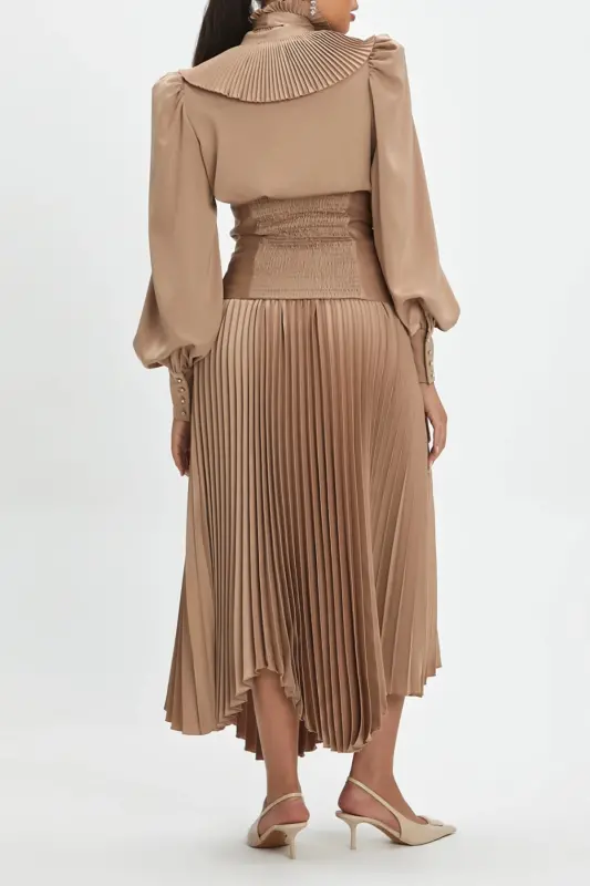 Asimetrik Kesim Piliseli Belden Korse Görünümlü Taş Detaylı Camel Etek 38985 - CAMEL - 4