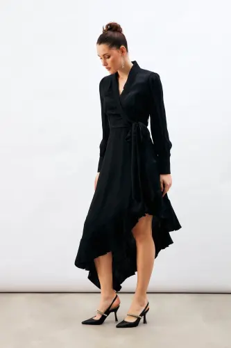 Асимметричное платье из жаккарда - Черный - SATEEN (1)