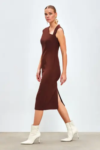 Асимметричное платье миди - Кофе - 3