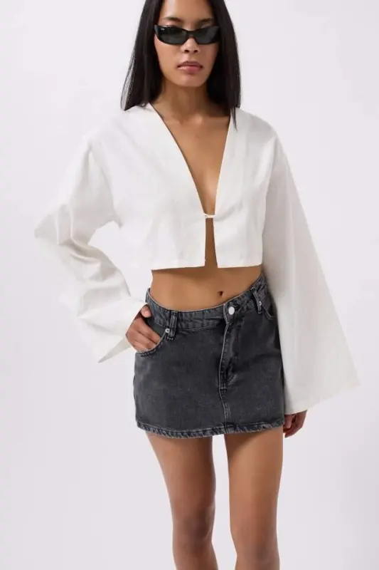 Asimmetrik Bel Denim Mini Yubka - 1