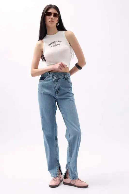 Asimmetrik Bel Paça Yirtmaçli Jean - 1