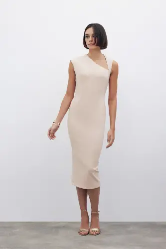 Asimmetrik Midi Bo'yli Ko'ylak - BEJ-BEJ - 4