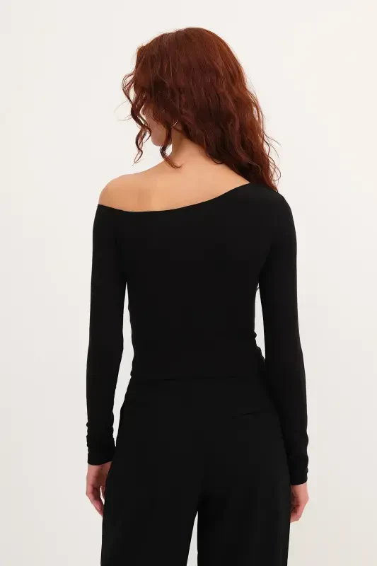 Asimmetrik Yoqali Uzun Qisma Bluz B1668-t11-Qora - 5