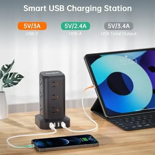 Extension Cord with Multiple Outlets, SMALLRT 2 Pcs Surge Protector Power Strip Tower, Outlet Extender with 12 AC Outlets 4 USB, 6.5FT Extension Cord for Home Office Dorm Room, Overload Protection - 2