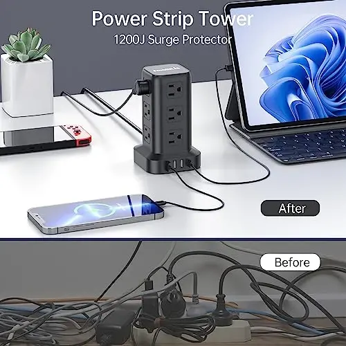 Extension Cord with Multiple Outlets, SMALLRT 2 Pcs Surge Protector Power Strip Tower, Outlet Extender with 12 AC Outlets 4 USB, 6.5FT Extension Cord for Home Office Dorm Room, Overload Protection - 6