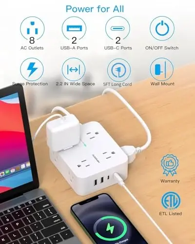 Power Strips with Surge Protection - HANYCONY 8 Widely Outlets with 4 USB Ports (2 USB C), 3-Side Outlet Extender Strip, 5 Ft Extension Cord, Ideal for Home Office College Dorm Room Essentials - 2