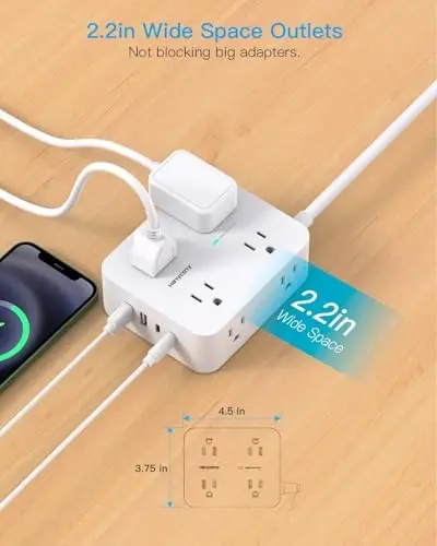Power Strips with Surge Protection - HANYCONY 8 Widely Outlets with 4 USB Ports (2 USB C), 3-Side Outlet Extender Strip, 5 Ft Extension Cord, Ideal for Home Office College Dorm Room Essentials - 5