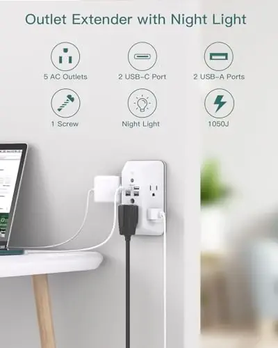 Surge Protector, Outlet Extender with Night Light, Addtam 5-Outlet Splitter and 4 USB Ports(2 USB C), USB Wall Charger Power Strip, Multi Plug Outlet for Home, Office, School, ETL Listed - 2