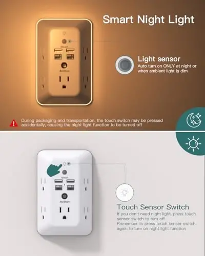 Surge Protector, Outlet Extender with Night Light, Addtam 5-Outlet Splitter and 4 USB Ports(2 USB C), USB Wall Charger Power Strip, Multi Plug Outlet for Home, Office, School, ETL Listed - 3