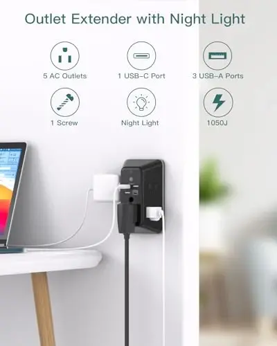 Surge Protector, Outlet Extender with Night Light, Addtam 5-Outlet Splitter and 4 USB Ports(1 USB C), Multi Plug Wall Outlet for Home Office Dorm Room Essentials Black - 2