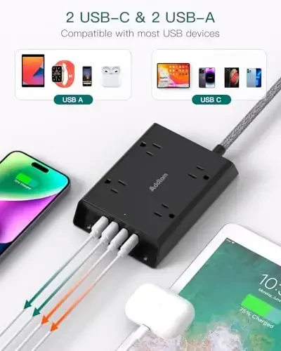 Surge Protector Power Strip, Addtam 5 ft Flat Plug Extension Cord with 4 USB Wall Charger(2 USB C Port), 4 Widely Outlets Desk Charging Station, Home Office and College Dorm Room Essentials, Black - 5