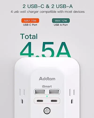 Surge Protector Outlet Extender - Addtam 5-Outlet Splitter with 4 USB Wall Charger(2 USB-C Ports), Multi Plug Outlet Power Strip for Home, Dorm Room Essentials - 3