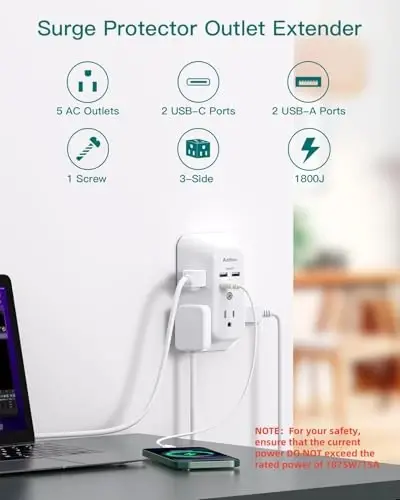 Surge Protector Outlet Extender - Addtam 5-Outlet Splitter with 4 USB Wall Charger(2 USB-C Ports), Multi Plug Outlet Power Strip for Home, Dorm Room Essentials - 2