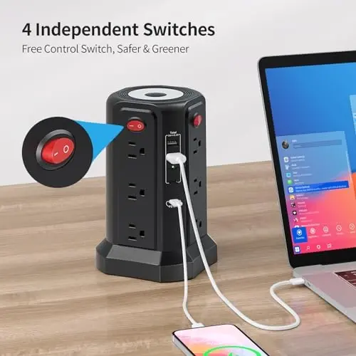 Surge Protector Power Strip 10 FT Cord, PD 20W USB C Power Strip Tower with Night Light, Extension Cord with Multiple Outlets with 4 USB Ports(2A+2C), PASSUS Charging Station Home Office Essentials - 4