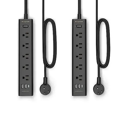 Surge Protector Power Strip 15 ft Cord-5 Widely Spaced Outlets 3 USB Ports(1 USB C Port),Power Strip Long Cord(1250W/10A),Power Strips with Surge Protection, Wall Mount for Home Office,Black(2 Pack) 