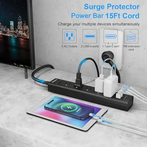 Surge Protector Power Strip 15 ft Cord-5 Widely Spaced Outlets 3 USB Ports(1 USB C Port),Power Strip Long Cord(1250W/10A),Power Strips with Surge Protection, Wall Mount for Home Office,Black(2 Pack) - 2