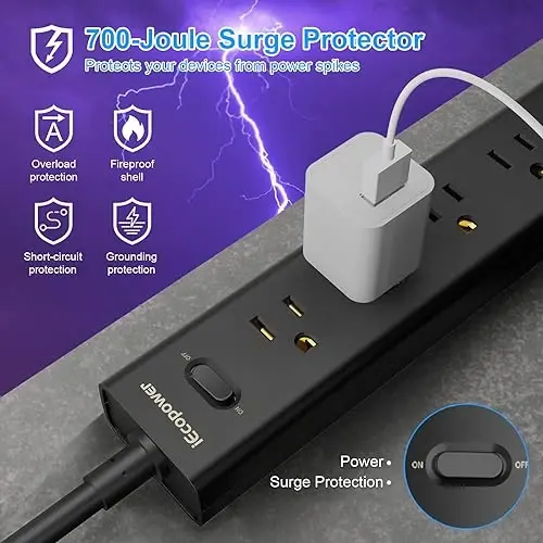 Surge Protector Power Strip 15 ft Cord-5 Widely Spaced Outlets 3 USB Ports(1 USB C Port),Power Strip Long Cord(1250W/10A),Power Strips with Surge Protection, Wall Mount for Home Office,Black(2 Pack) - 4