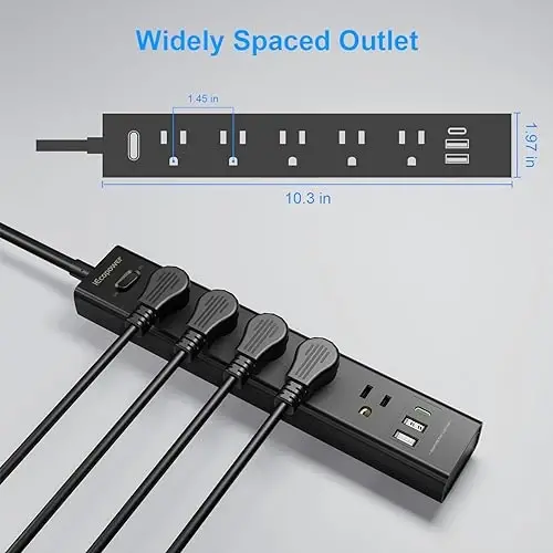Surge Protector Power Strip 15 ft Cord-5 Widely Spaced Outlets 3 USB Ports(1 USB C Port),Power Strip Long Cord(1250W/10A),Power Strips with Surge Protection, Wall Mount for Home Office,Black(2 Pack) - 5