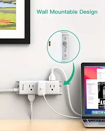 Surge Protector Power Strip - 9 Widely Spaced Multi Outlets, Wall Mount, 3 Side Outlet Extender with Extension Cord, Flat Plug, Overload Protection, Home Office Dorm Room Essentials (15FT, White) - 3