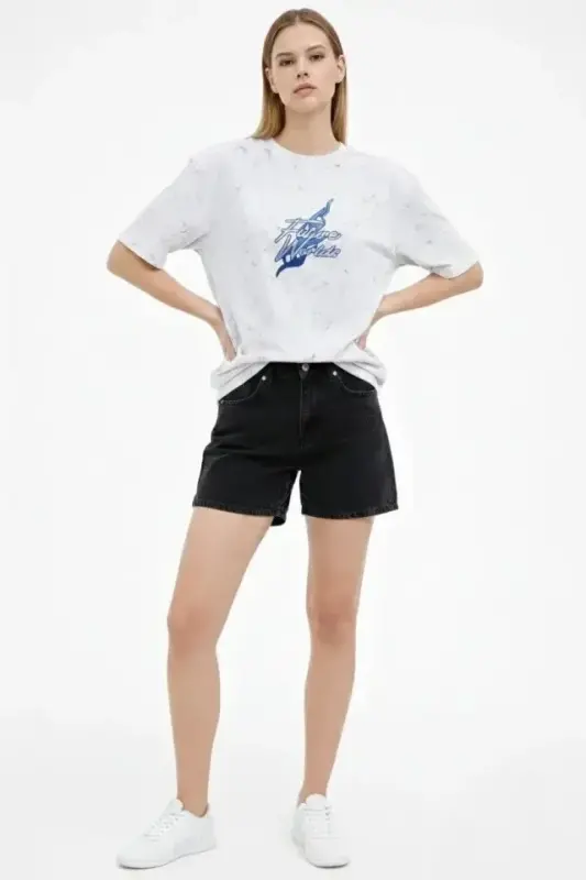 Asit Yıkamalı Oversize Tişört Future Worlds Baskılı Bisiklet Yaka Kısa Kollu Streetwear %100 Pamuk Street Style T-Shirt - Beyaz - 3