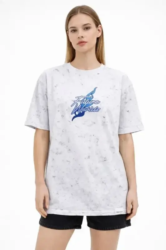Asit Yıkamalı Oversize Tişört Future Worlds Baskılı Bisiklet Yaka Kısa Kollu Streetwear %100 Pamuk Street Style T-Shirt - Beyaz - 4