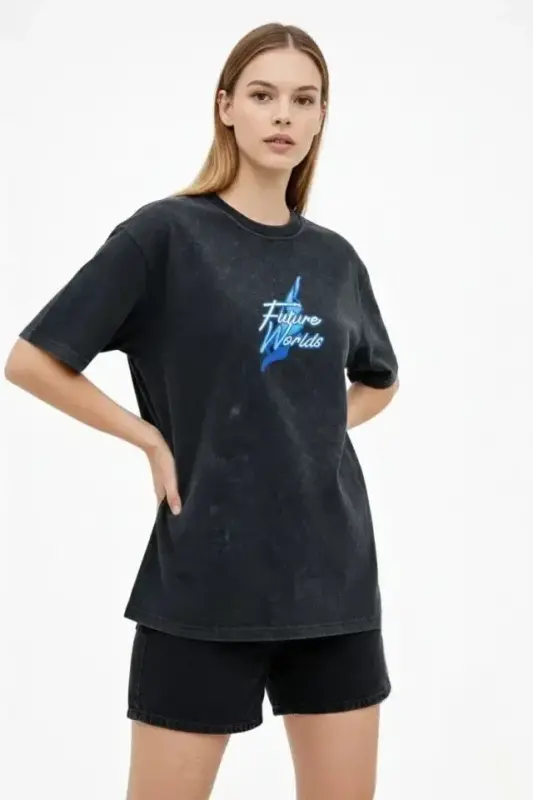 Asit Yıkamalı Oversize Tişört Future Worlds Baskılı Bisiklet Yaka Kısa Kollu Streetwear %100 Pamuk Street Style T-Shirt - Siyah - 1