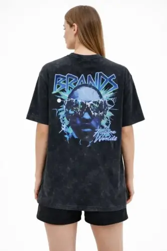 Asit Yıkamalı Oversize Tişört Future Worlds Baskılı Bisiklet Yaka Kısa Kollu Streetwear %100 Pamuk Street Style T-Shirt - Siyah - BÜYÜKBEDENIZ (1)