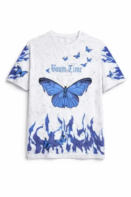 Asit Yıkamalı Oversize Tişört Mavi Kelebek Baskılı Dijital Print Bisiklet Yaka Streetwear T-Shirt - Beyaz - 2