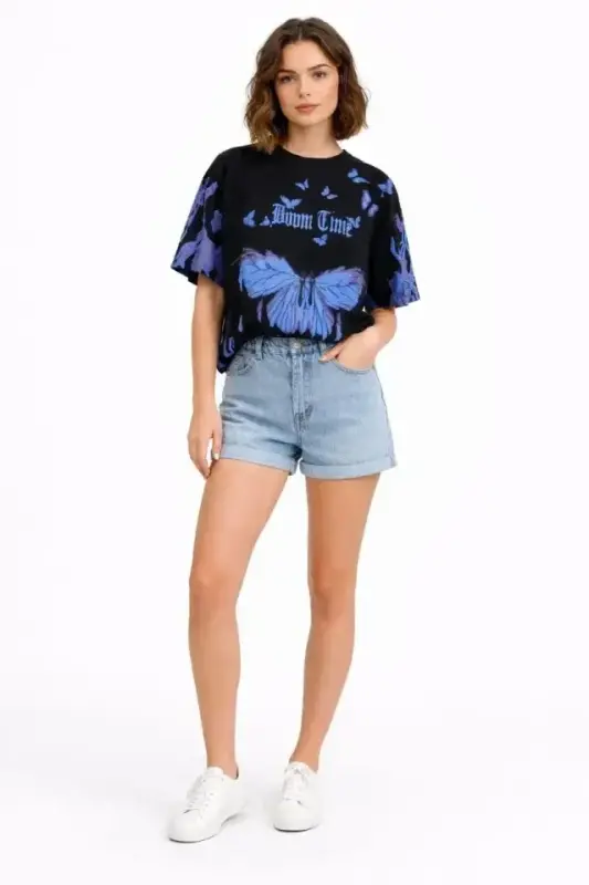 Asit Yıkamalı Oversize Tişört Mavi Kelebek Baskılı Dijital Print Bisiklet Yaka Streetwear T-Shirt - Siyah - 2
