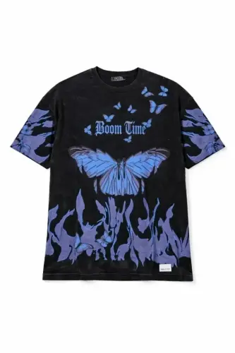 Asit Yıkamalı Oversize Tişört Mavi Kelebek Baskılı Dijital Print Bisiklet Yaka Streetwear T-Shirt - Siyah - 4