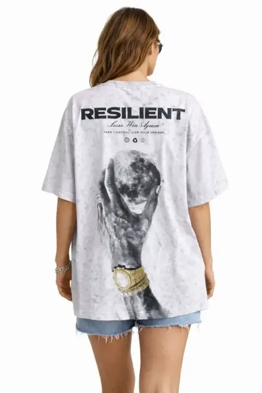 Asit Yıkamalı Oversize Tişört ön Ve Arkası Baskılı %100 Pamuk Street Style T-Shirt - Beyaz - 2