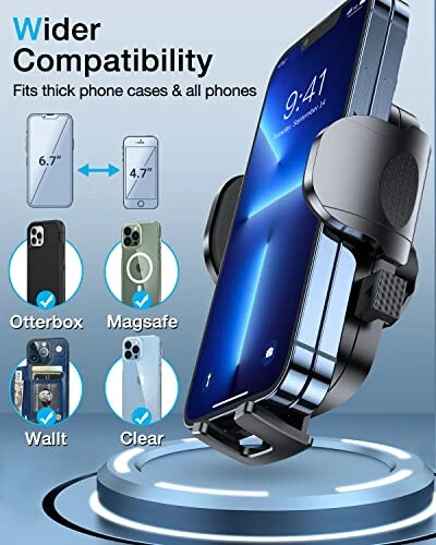 HTU [True Military-Grade] 2025 Upgraded Car Phone Holder 【Safety Certs & No Smell】 Cell Phone Holder for Car Mount for Dashboard Windshield Air Vent Long Arm Thick Case,Sapphire Blue - 1